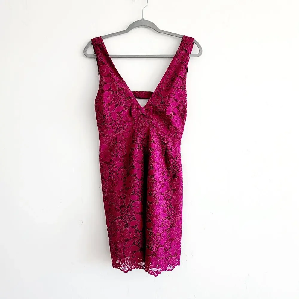Zara Dark Fuchsia Pink Floral Lace Mini A-Line Dress with Bow Size Medium